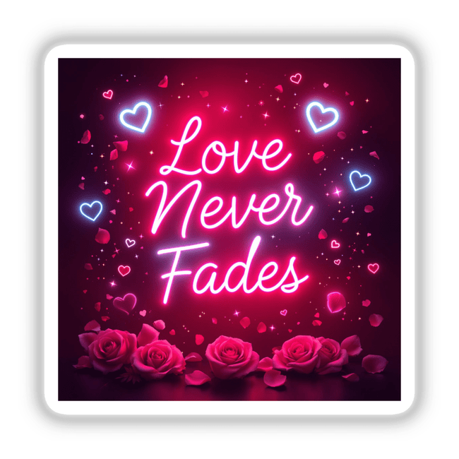 Love Never Fades Elegant Neon Design featuring pink roses, hearts, and a neon light motif, available as stickers or digital artwork from Decal Venue.