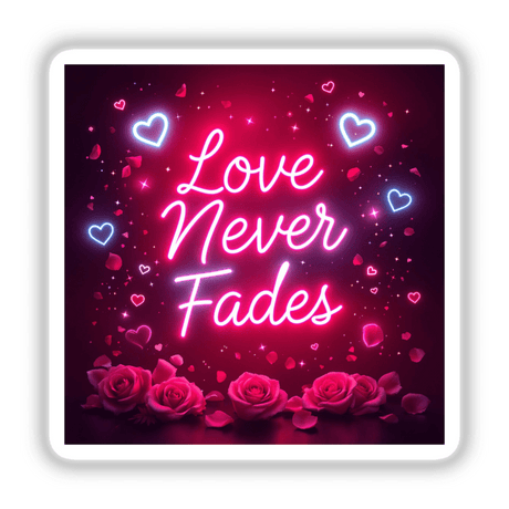 Love Never Fades Elegant Neon Design featuring pink roses, hearts, and a neon light motif, available as stickers or digital artwork from Decal Venue.