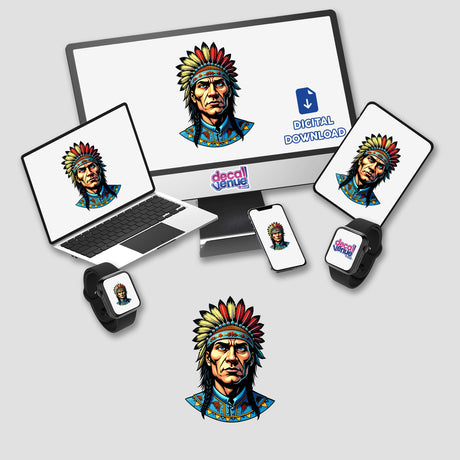 Native American Warrior Chief illustration displayed on multiple devices, available as stickers or digital artwork, capturing the intricate details of a man in a feathered headdress.
