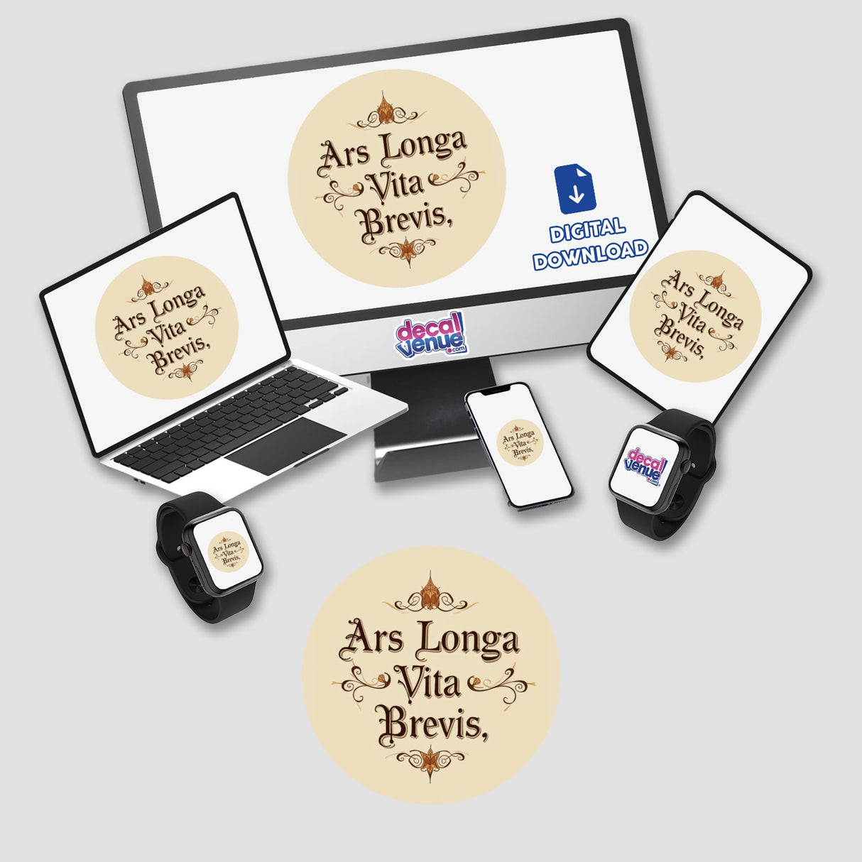 Ars Longa Vita Brevis Sticker featuring timeless Dark Academia clipart, available as a digital download. Includes a computer monitor, laptop, and smartwatch, emphasizing modern creative tools.