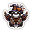 Adorable Halloween sloth wearing a witch hat decorated with pumpkins and other spooky elements, shown on a sticker or digital artwork.