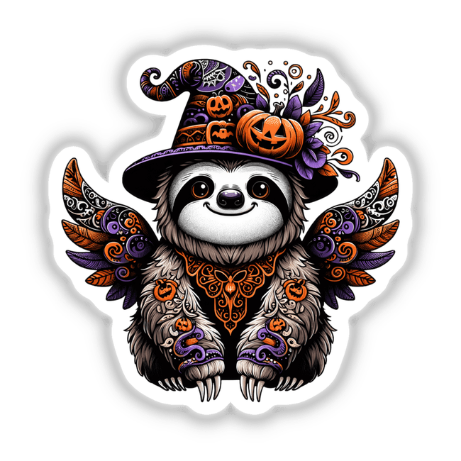 Adorable Halloween sloth wearing a witch hat decorated with pumpkins and other spooky elements, shown on a sticker or digital artwork.