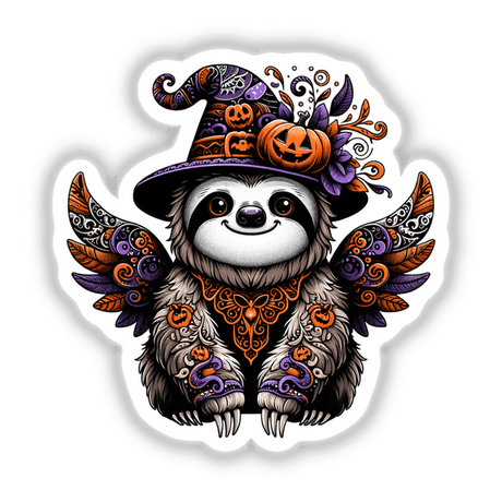 Adorable Halloween sloth wearing a witch hat decorated with pumpkins and other spooky elements, shown on a sticker or digital artwork.