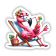 Relaxed flamingo in summer attire enjoying a beverage on a striped beach chair