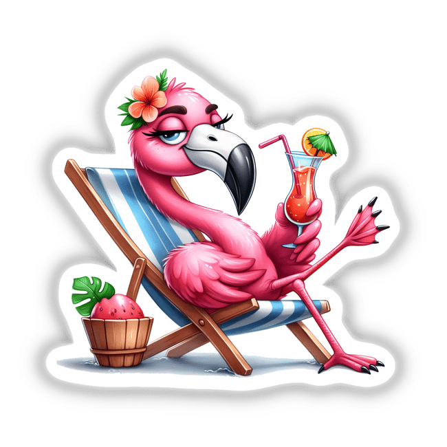Relaxed flamingo in summer attire enjoying a beverage on a striped beach chair