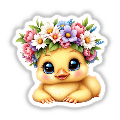 Cute Duckling with a Spring Flower Crown depicted as a cartoon baby bird adorned with a vibrant floral headpiece, perfect for stickers or digital art from Decal Venue.