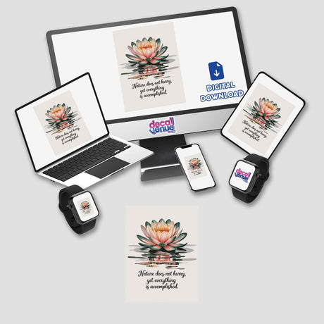 Nature Does Not Hurry Quote Sticker or Clipart featuring a water lily design on a laptop and monitor screen, available as stickers or digital artwork with commercial rights.