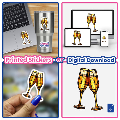 Collage featuring Champagne Glasses Stained Glass Style stickers and digital artwork, showcasing intricate designs resembling stained glass, available from Decal Venue.