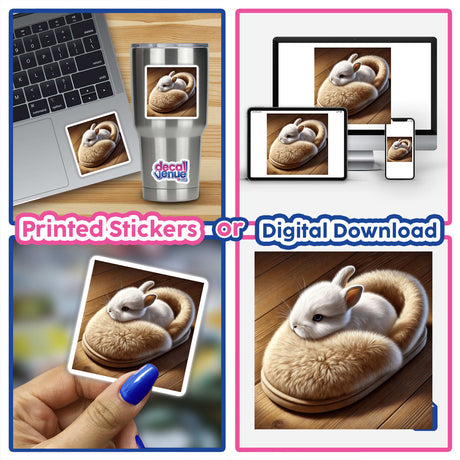 Rabbit Snuggled in Fluffy Slipper digital artwork, featuring a bunny nestled inside a cozy slipper, with a laptop displaying the same image. Available as stickers or digital art.