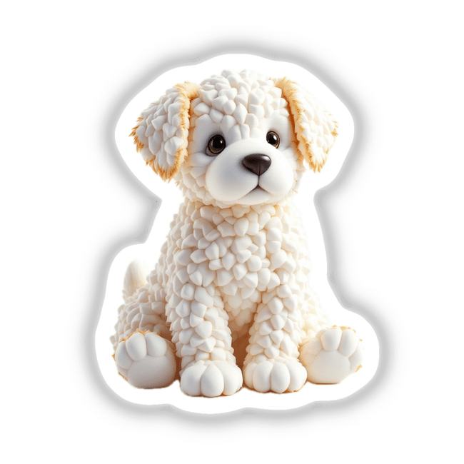 Marshmallow Dog plush toy, available as stickers or digital artwork, features a cute, white, stuffed animal design, capturing the essence of Decal Venue's unique sticker and digital art collection.