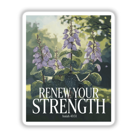 Lungwort Renew Your Strength Sticker or Clipart featuring a detailed close-up of purple flowers and green leaves, inspired by Isaiah 40:31, available as stickers or digital artwork.