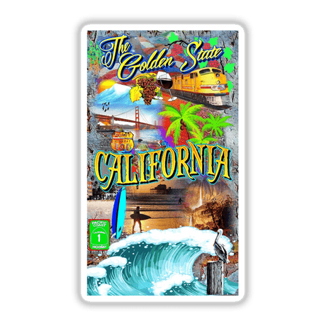 California State poster featuring a vibrant beach scene with a yellow train, a surfer, and a cartoon wave, available as stickers or digital artwork from Decal Venue.