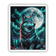 Wolf in front of a bright moon, showcasing red eyes in a distinctive style. Available as a sticker or digital artwork titled A Wolf In The Night With A Bright Moon.
