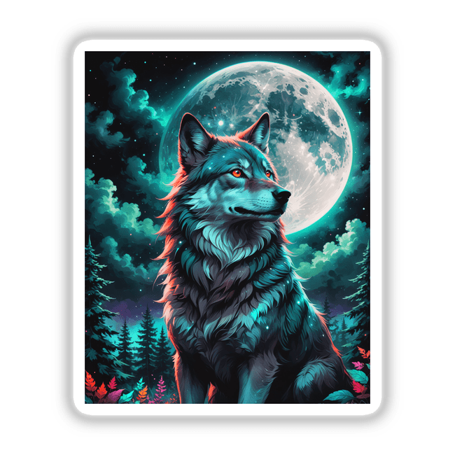 Wolf in front of a bright moon, showcasing red eyes in a distinctive style. Available as a sticker or digital artwork titled A Wolf In The Night With A Bright Moon.
