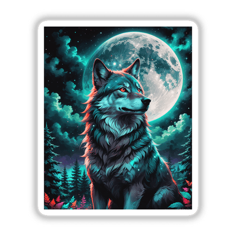 Wolf in front of a bright moon, showcasing red eyes in a distinctive style. Available as a sticker or digital artwork titled A Wolf In The Night With A Bright Moon.
