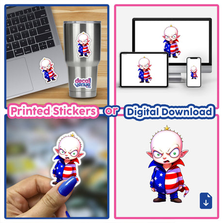 Collage of A Funny Guy With An American Flag Outfit featured as stickers and digital artwork, showcasing the cartoon character across various items, including laptops and cups.