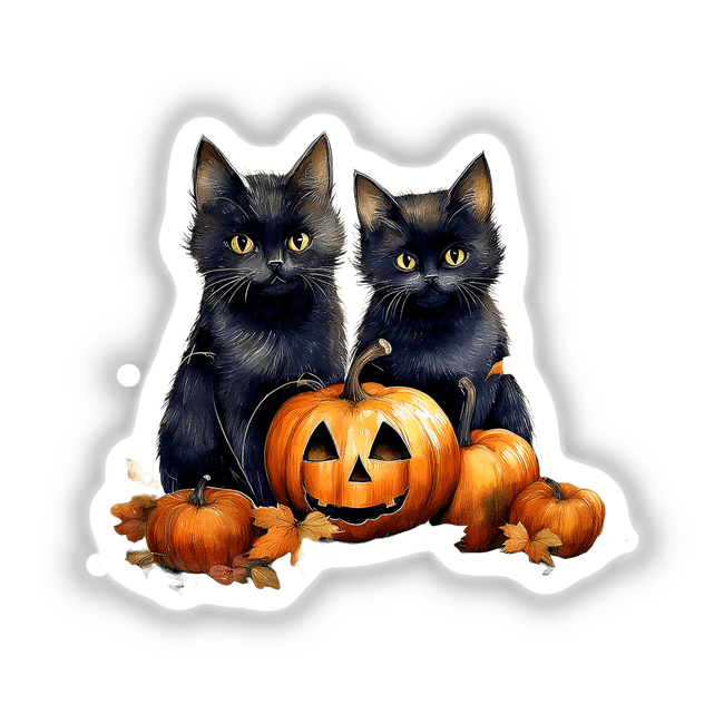 Black cats with yellow eyes sitting next to carved pumpkins, available as stickers or digital artwork titled Black Cats and Pumpkin.