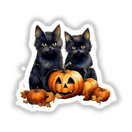 Black cats with yellow eyes sitting next to carved pumpkins, available as stickers or digital artwork titled Black Cats and Pumpkin.