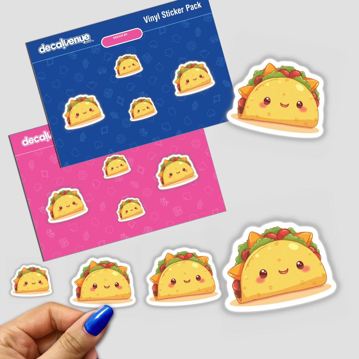 Kawaii Taco Sticker featuring a cute taco with toppings, perfect for National Taco Day. Available as a decal or food clipart with commercial rights, showcasing a smiling cartoon taco design.