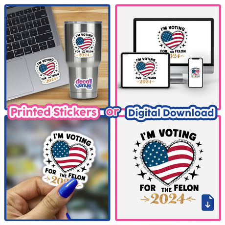 Patriotic digital artwork with "I'm Voting for the Felon - Trump for President" slogan on various items like laptop, phone, and tumbler.