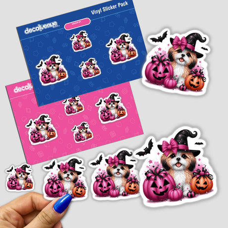 Halloween Tan White Shih Tzu sticker featuring a cute dog surrounded by glitter pumpkins, perfect for seasonal decoration or digital art enthusiasts.