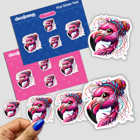 Pink Flamingo with Messy Hair Yarn Bun sticker featuring a whimsical flamingo with a yarn bun, highlighting quirky art. Perfect for adding unique flair to your space or devices.