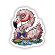 Cartoon illustration of an elegant flamingo wearing a monocle and bow tie, standing near a water lily pond. Available as stickers or digital artwork from Decal Venue.
