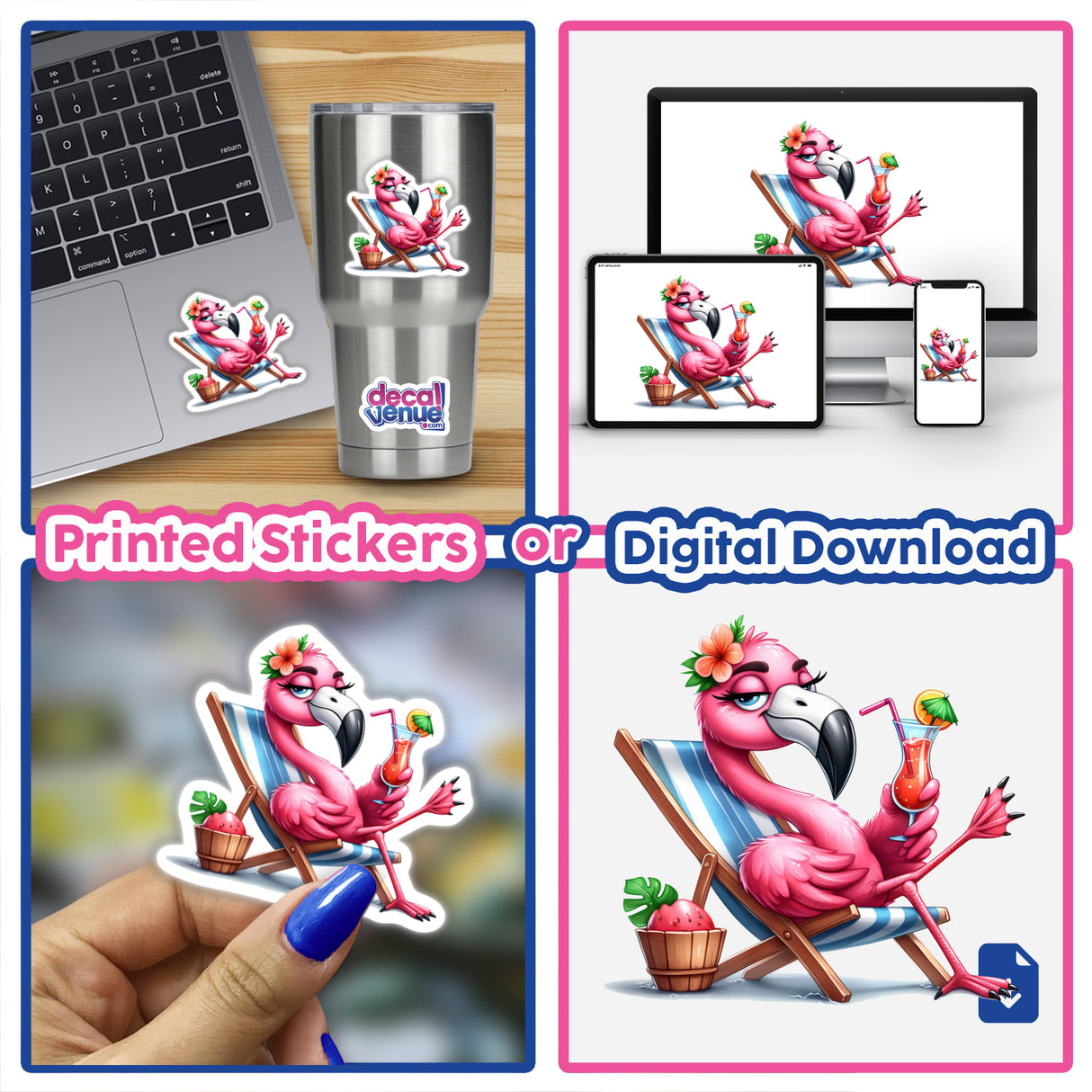Relaxed Flamingo Feet Up - Vibrant digital artwork featuring a playful, pink flamingo lounging in a chair with tropical surroundings.