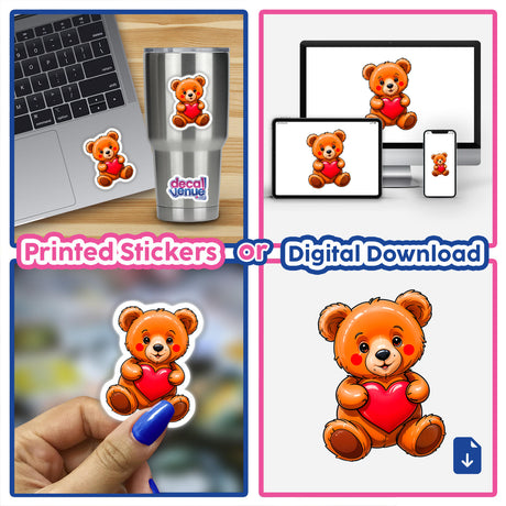 Cute Valentine's Day Teddy Bear stickers featuring a cartoon bear holding a heart, displayed on a laptop and a cup, offered as unique stickers or digital artwork from Decal Venue.