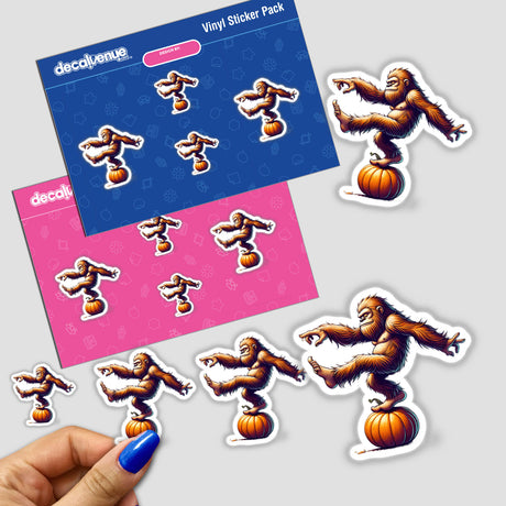 Colorful vinyl stickers featuring a Sasquatch standing on pumpkins, created by DecalVenue, a store that offers unique stickers and digital art from talented designers.