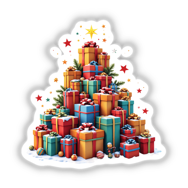 Gifts Pile Christmas Tree: A creative arrangement of wrapped presents forming a tree shape, topped with a star, available as unique stickers or digital artwork from Decal Venue.