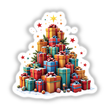 Gifts Pile Christmas Tree: A creative arrangement of wrapped presents forming a tree shape, topped with a star, available as unique stickers or digital artwork from Decal Venue.