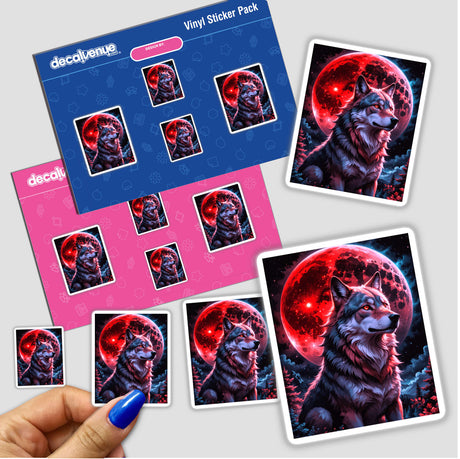 Sticker titled A Wolf In The Night With A Blood Moon featuring a wolf with red eyes gazing at a red moon, available as a vinyl sticker or digital artwork.