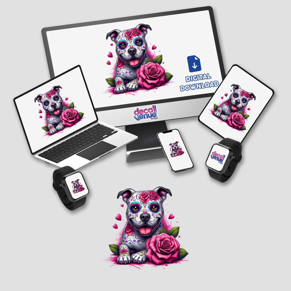 Sugar Skull Roses Pitbull Dog artwork displayed on multiple screens, showcasing a dog with roses. Available as stickers or digital art from Decal Venue, emphasizing unique vinyl creations.