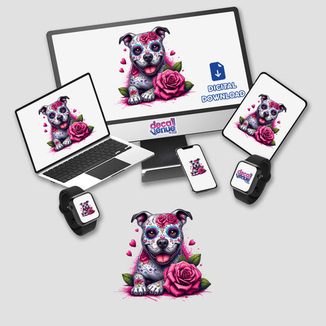 Sugar Skull Roses Pitbull Dog artwork displayed on multiple screens, showcasing a dog with roses. Available as stickers or digital art from Decal Venue, emphasizing unique vinyl creations.