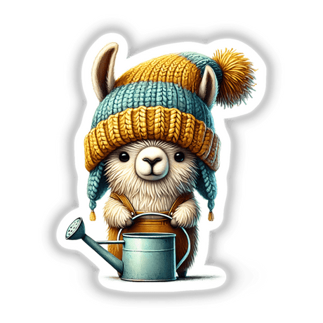 Llama Gnome with Watering Can: A cartoon llama wearing a hat, holding a watering can, available as stickers or digital artwork.