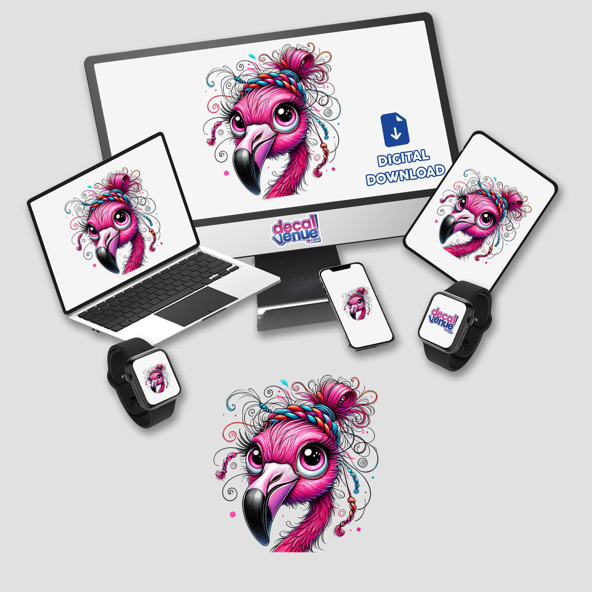 Flamingo with Messy Bun Hair Braided Yarn displayed on a computer monitor and laptop; a playful digital artwork from Decal Venue, perfect for enhancing digital or physical spaces.