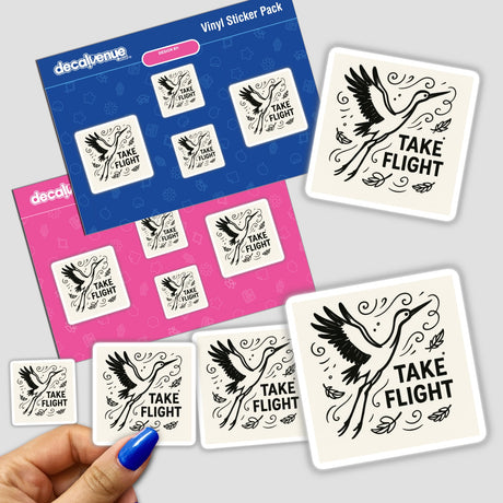 Take Flight Crane Sticker: A graceful crane in bold lines with swirling patterns and feathers, embodying ambition. Available in various sizes, crafted in durable vinyl, perfect for inspiration and creativity.