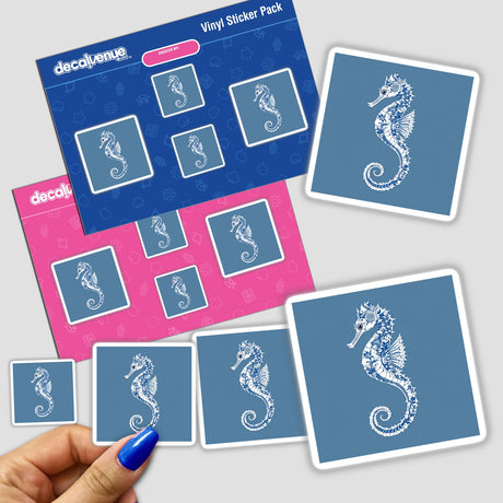 Chinoiserie Seahorse stickers displayed in a hand, featuring intricate blue and white designs. Available as both stickers and digital artwork from Decal Venue, known for unique stationery items.