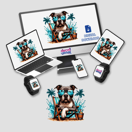 Tropical Pitbull Dog in Beach Chair featured on computer screens and devices, showcasing unique digital artwork available as stickers or digital art from Decal Venue.