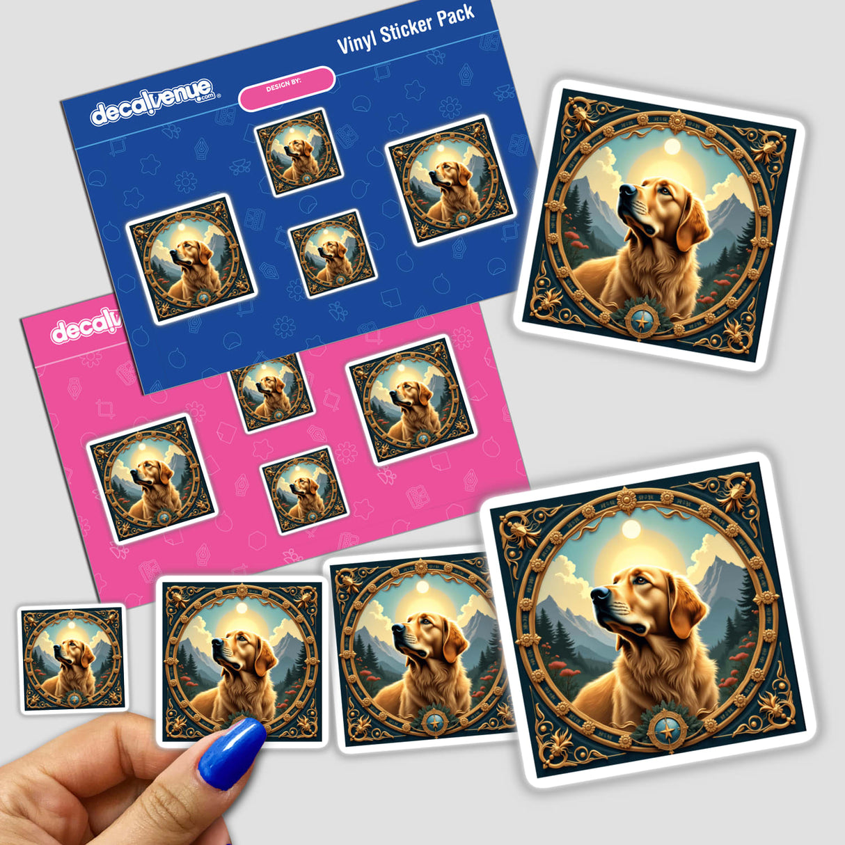 Golden Retriever Clipart - Downloadable Stickers with Commercial Rights: A hand holds a sticker pack featuring various golden retriever designs, positioned against a plain backdrop.