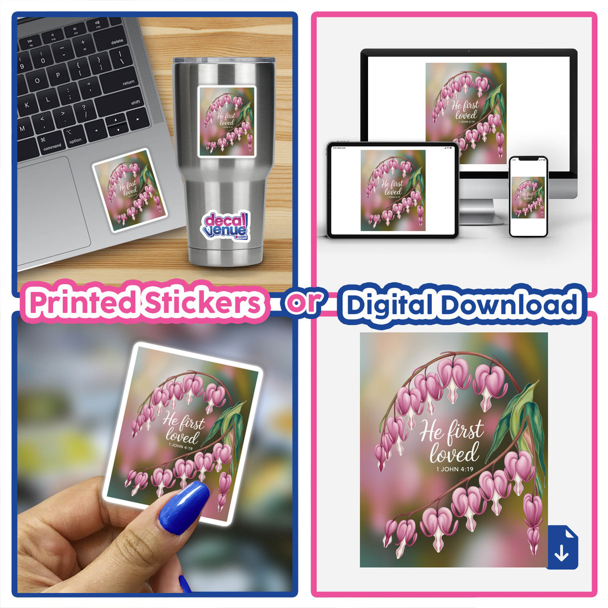 Bleeding Heart He First Loved Sticker or Clipart featuring 1 John 4:19, displayed on a laptop, emphasizing its availability as both a sticker and digital artwork.