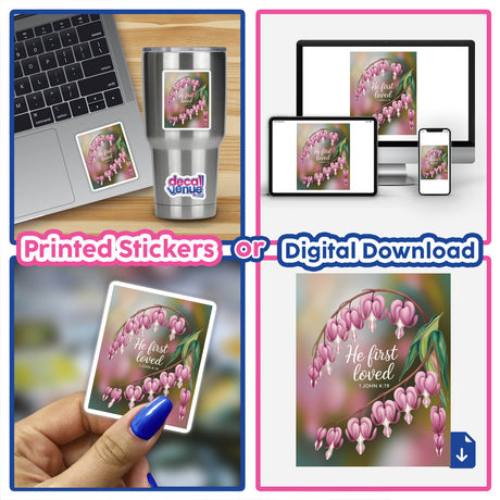 Bleeding Heart He First Loved Sticker or Clipart featuring 1 John 4:19, displayed on a laptop, emphasizing its availability as both a sticker and digital artwork.