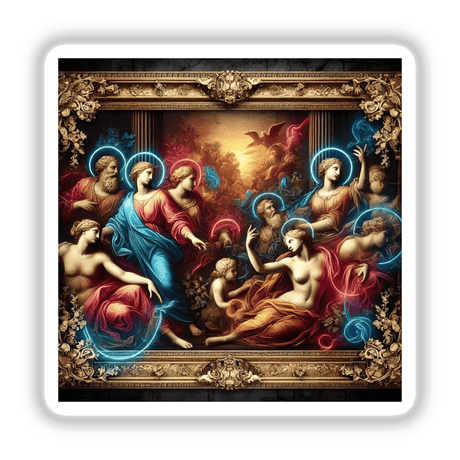 Neon Baroque - Classical Figures with Modern Neon Accents: A detailed painting of various classical figures in a gold frame, available as stickers or digital download, blending traditional and modern art.