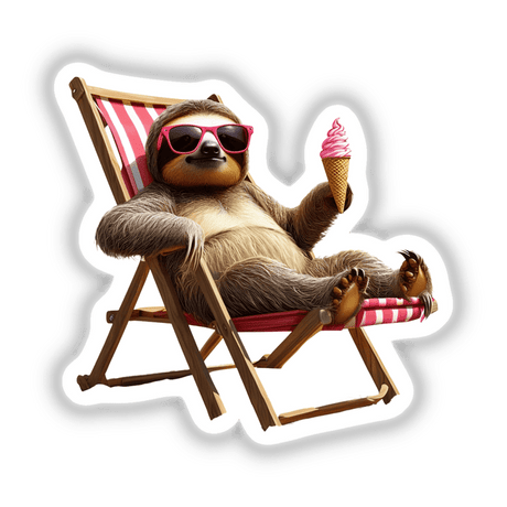 Sunny Sloth Relaxing on Beach Chair, a cartoon sloth holding an ice cream cone while sitting comfortably, available as stickers or digital artwork.