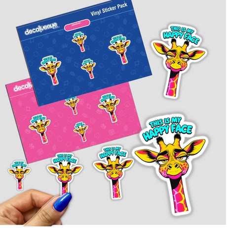 This Is My Happy Face Cute Grumpy Giraffe sticker features a cartoon giraffe with a pink face, perfect for adding playful charm to your collection of unique vinyl stickers or digital art.