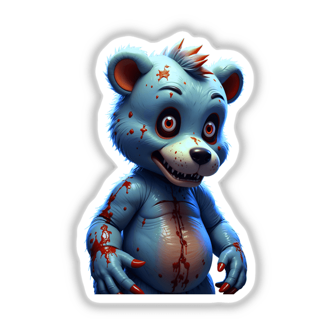 Macabre Scary Bear cartoon character with red splatters, available as stickers or digital artwork, showcasing unique and edgy design elements from Decal Venue's collection.