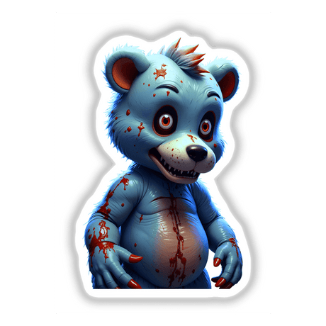 Macabre Scary Bear cartoon character with red splatters, available as stickers or digital artwork, showcasing unique and edgy design elements from Decal Venue's collection.