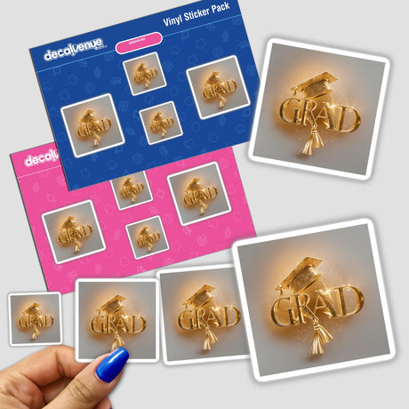 Gold Grad Graduation Caps: Stylish digital art stickers from Decal Venue's premium collection, perfect for expressing academic achievement.