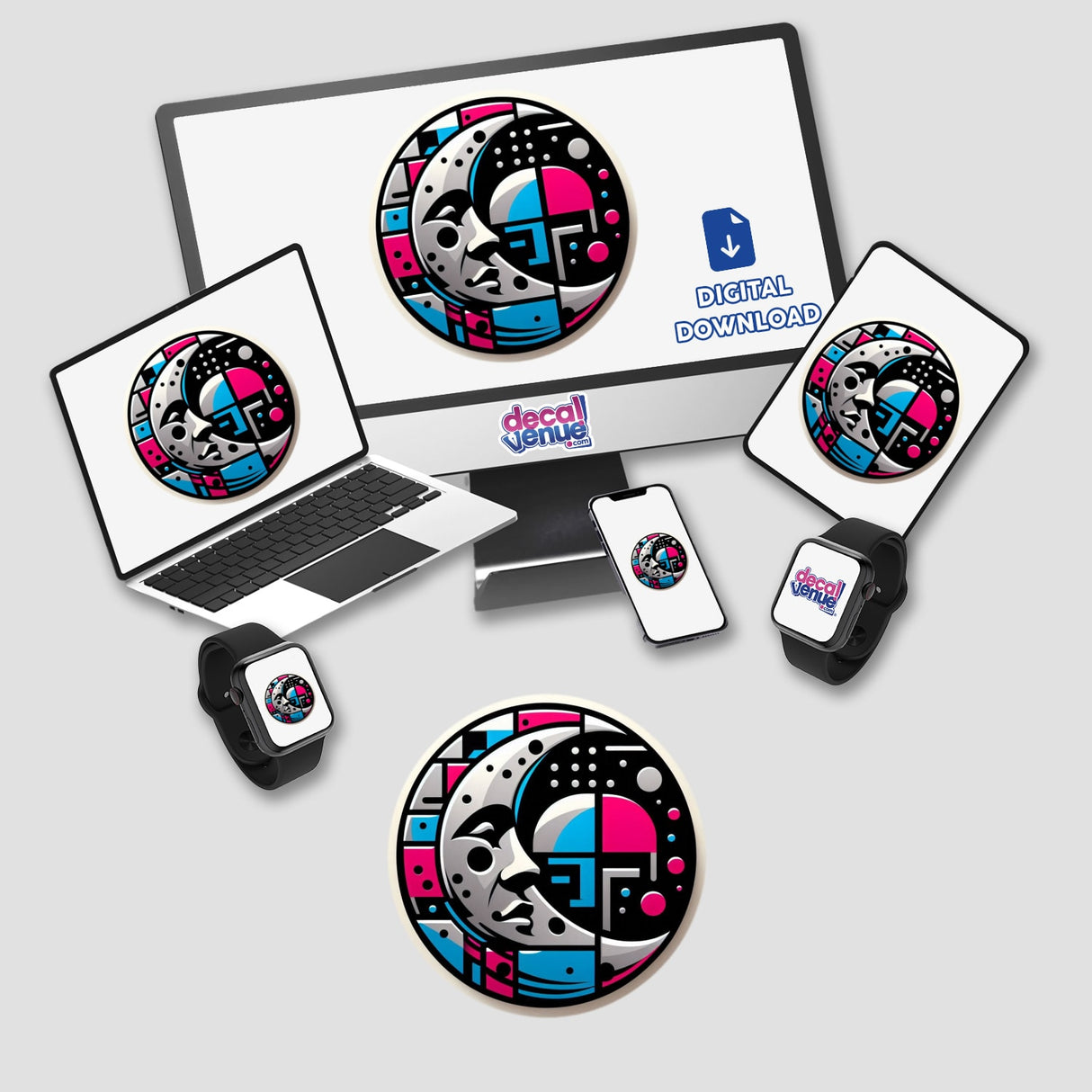 Computer monitor and laptop displaying a logo, with additional devices. Product title: Moon, available as stickers or digital artwork.